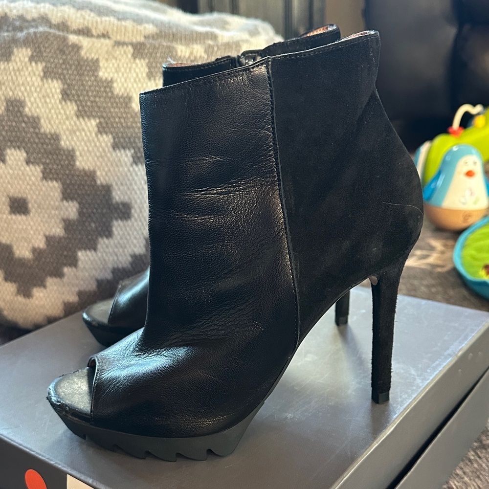 BCBGMaxAzria Black Peep-Toe Heeled Boots - Picture 6 of 7